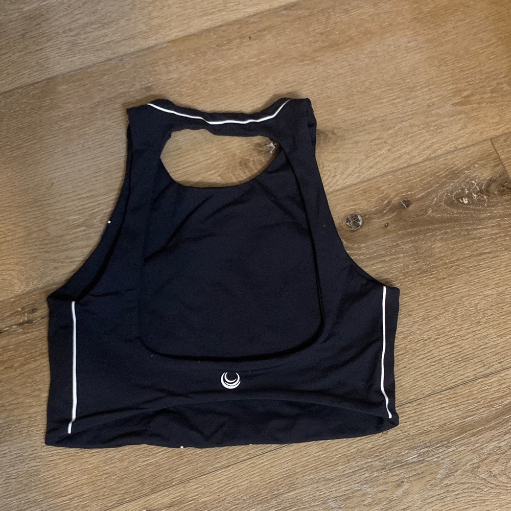 Black High Neck Sports Bra with White Piping